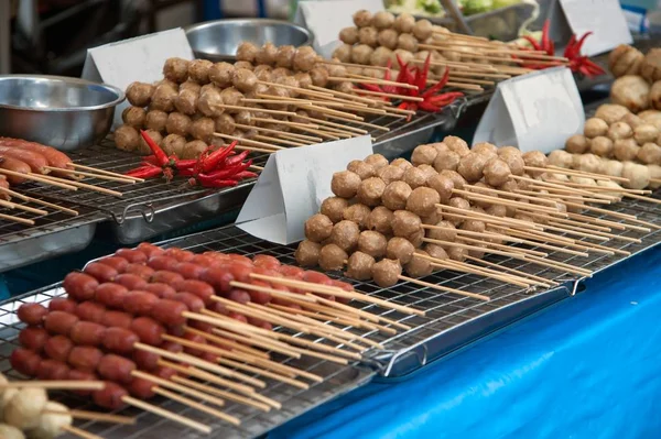 Row Grilled Sausage Meatball Street Food — Stock Photo, Image