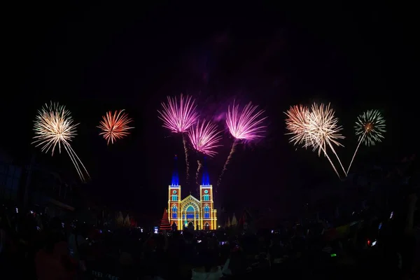 Vue Célébration Feux Artifice Noël Sur Jour Noël Cathédrale Immaculée — Photo