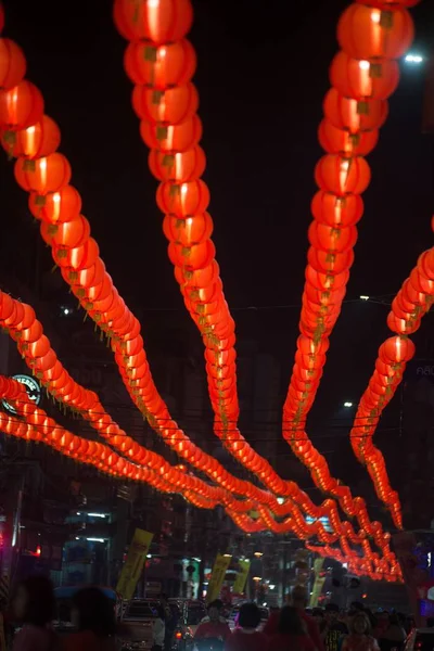 Nakornsawan Thaïlande Février 2018 Spectacle Suspendu Lanterne Chinoise Décoré Nuit — Photo