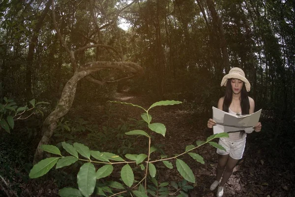 森の中で地図を見ているかわいいアジアの女性. — ストック写真
