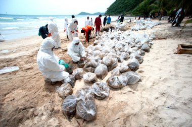 RAYONG, THAILAND-FEBRUARY 8. 2013: Tayland 'da Khao Laem Ya-Mo Ko samet Ulusal Parkı' ndaki Prew sahilindeki büyük bir plastik torba içinde ham petrolle kumu küreyen tanımlanamayan işçiler ve gönüllüler.