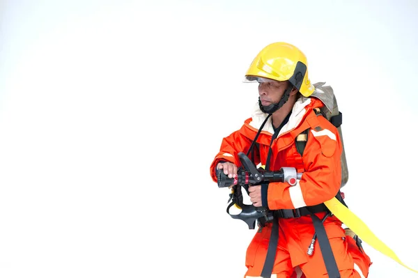 Πορτραίτο Ενός Ασιάτη Πυροσβέστη Κόκκινη Προστατευτική Στολή Μάσκα Και Κράνος — Φωτογραφία Αρχείου