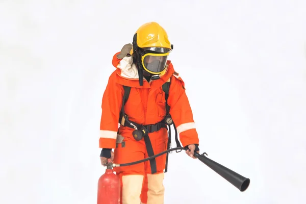 Portrait Asian Male Firefighter Orange Protective Uniform Mask Helmet Fire — Stock Photo, Image