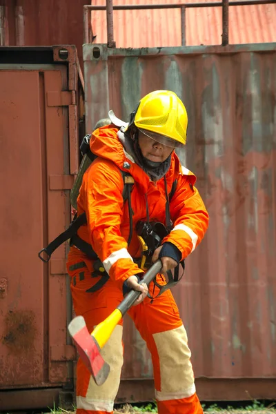 Portrait Asian Male Fireman Orange Protective Clothing Mask Helmet Standing — Stock Photo, Image