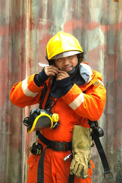 Portrait Asian Firefighters Wearing Orange Fire Protection Uniform Mask Helmet — Stock Photo, Image