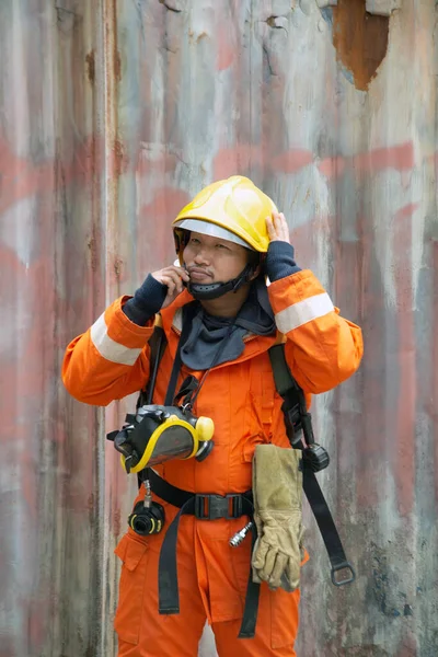 Portrait Asian Firefighters Wearing Orange Fire Protection Uniform Mask Helmet — Stock Photo, Image