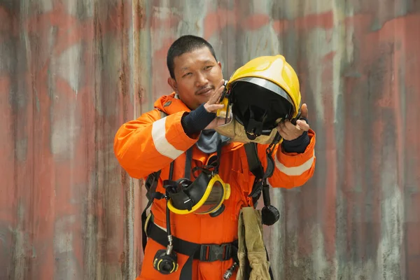 Portrait Asian Firefighters Wearing Orange Fire Protection Uniform Mask Hold — Stock Photo, Image