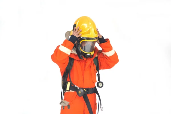 Portrait Asian Firefighters Wearing Orange Fire Protection Uniform Mask Helmet — Stock Photo, Image