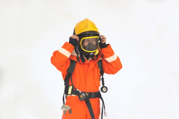 Portrait Asian Firefighters Wearing Orange Fire Protection Uniform Mask Helmet — Stock Photo, Image