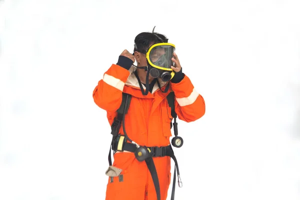 Portrait Asian Firefighters Wearing Orange Fire Protection Uniform Mask White — Stock Photo, Image