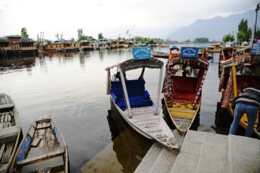 SRINAGAR, INDIA - 10 Mayıs 2019: Yerel halk Dal Gölü 'nde ulaşım için Shilara' yı (küçük bir tekne) kullanır. Srinagar 'ı ziyaret eden turistler için en cazip yer..