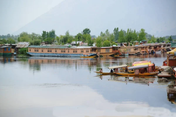 SRINAGAR, INDIA-MAY10, 2019: House Boats Dalmi Gölü 'nün kıyısında. Mimarilerinde eşsizdirler, güzel oyulmuş ve lüks bir malikanede yaşamak gibi çeşitli konforlarla donatılmışlardır. Yüzen evler gibi yaratılmışlardır..