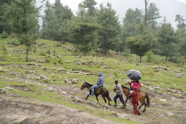JAMMU AND KASHMIR , INDIA - May 11 , 2019 : Unidentified of tourists ride horses and enjoy the views and beauty of Pahalgam, which is surrounded by the Himalayas and has lush pine forests.