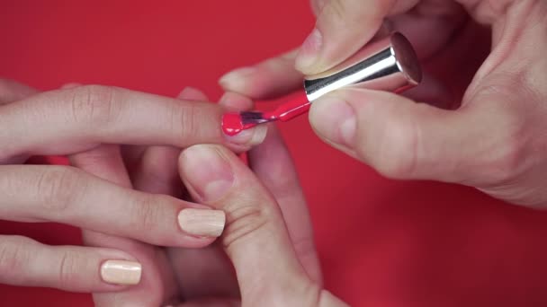 Manicura pinta las uñas de los clientes con esmalte de uñas de tinte beige — Vídeos de Stock