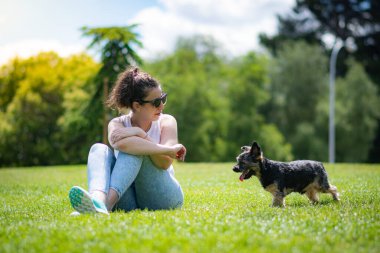 Güzel Yorkshire 'lı genç bir kadın çimen ve ağaçlarla dolu bir bahçede poz veriyor ve sempatik bir şekilde oynuyor..