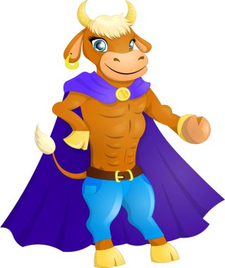 Tatlı çizgi film ineği, kırmızı pelerinli kahraman kostümlü boğa, doğu takviminde 2021 sembolü..