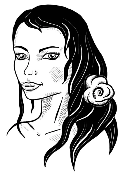 Boceto Una Hermosa Chica Con Pelo Rizado Blanco Negro Ilustración — Vector de stock