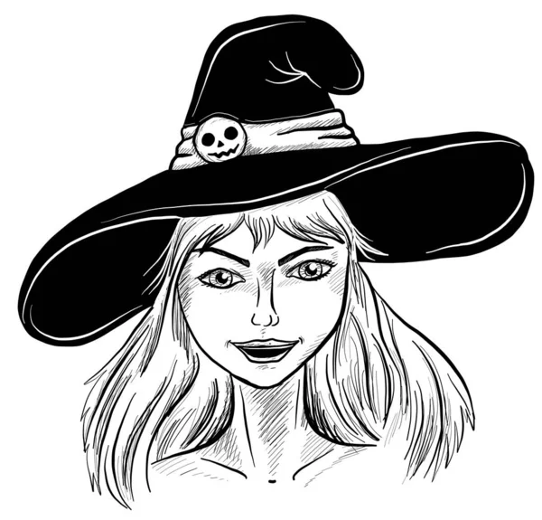 Κορίτσι Αποκριάτικο Καπέλο Ζωγραφισμένο Διανυσματικό Σκίτσο Νεαρή Μάγισσα Στυλ Σκίτσο — Διανυσματικό Αρχείο