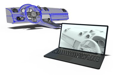 CAD yardımıyla bir araba geliştirme sürecini temsil eden 3B görüntüleme