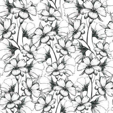 Kusursuz desenli, elle çizilmiş çiçekler. Duvar kağıdı, kumaş, tekstil veya ambalaj kağıdı için arkaplan