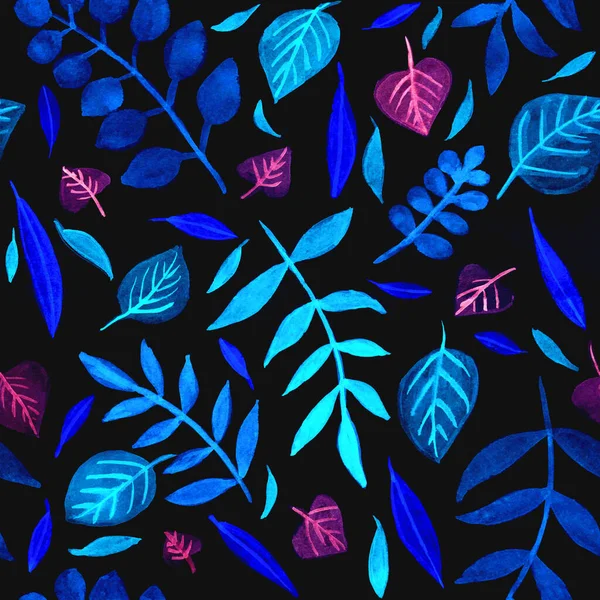 Botanical seamless pattern with leaves and branches. watercolour floral illustration in blue and lilac tones, hand drawing for cards, Wallpaper, wrapping paper and other design