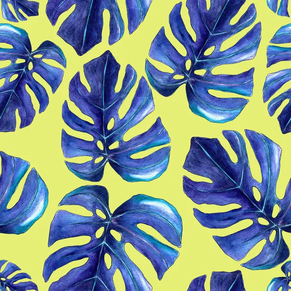 watercolor seamless pattern of tropical leaves. blue monstera for decoration