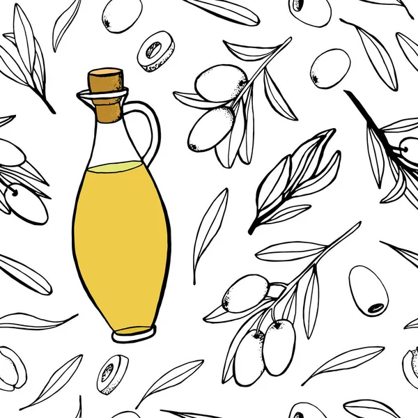 橄榄、小枝、叶子和玻璃瓶的植物学无缝图案。化妆品、食品包装设计的手工插图 — 图库矢量图片