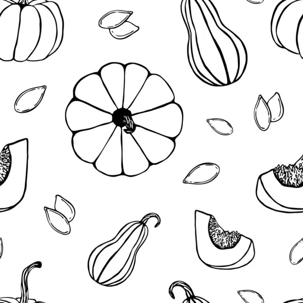 Hladký vzor s dýněmi a dýňovými semeny.Doodle prvky pro útulný podzimní dekor — Stockový vektor