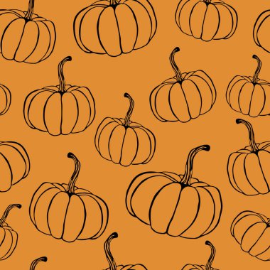 Balkabaklarıyla kusursuz desen. Sıcak bir sonbahar dekoru için karalama çizimi.