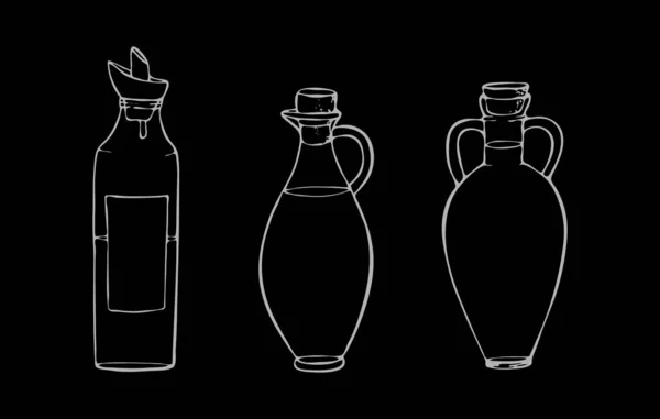 Bouteilles d'huile de verre avec bouchons, olive, noix de coco, tournesol, sésame, chanvre et autres huiles.illustrations vectorielles pour la conception d'emballages alimentaires, cosmétiques, menus de restaurants, cartes postales — Image vectorielle