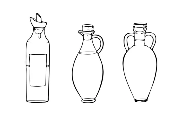 Glasölflaschen mit Stopfen, Oliven, Kokosnüssen, Sonnenblumen, Sesam, Hanf und anderen Ölen. Vektorillustrationen für die Gestaltung von Lebensmittelverpackungen, Kosmetika, Speisekarten für Restaurants, Postkarten — Stockvektor