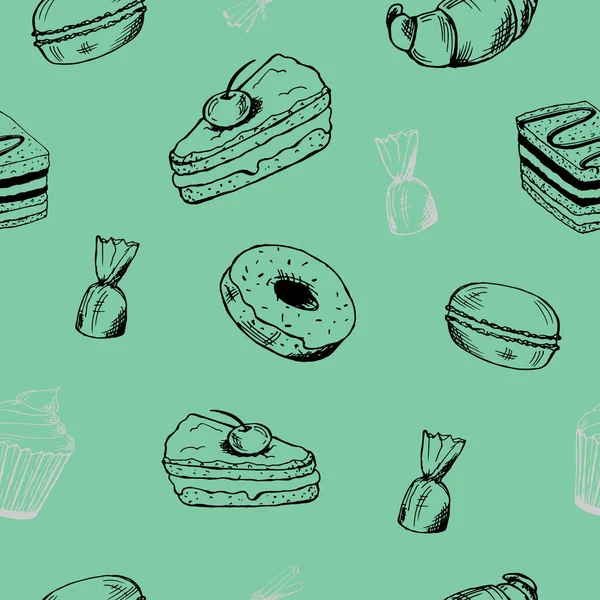 甜食和甜点的无缝图案。一块蛋糕,糖果,蛋糕,煎饼,甜甜圈,羊角面包和马卡龙 — 图库矢量图片