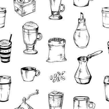 Kusursuz kahve kalıbı. Cam bardaklar, bardak, kahve öğütücü, kahve makinesi, kahve çekirdeği, süt sürahisi.