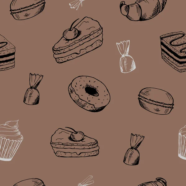 甜食和甜点的无缝图案。一块蛋糕,糖果,蛋糕,煎饼,甜甜圈,羊角面包和马卡龙 — 图库矢量图片