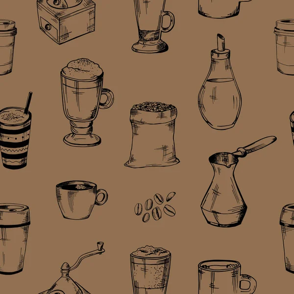 无缝制咖啡杯，杯子，杯子，咖啡机，咖啡豆，牛奶壶 — 图库矢量图片