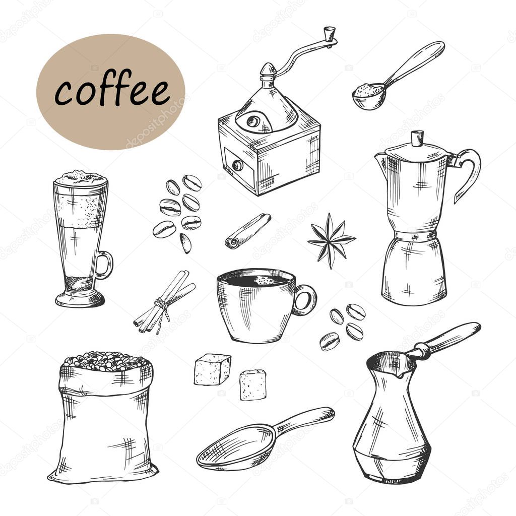 handmade coffee set. Vector sketch set with Turkey, cups, spoons, coffee bean bag, coffee mill, coffee maker, latte, cinnamon, star anise, sugar,coffee beans