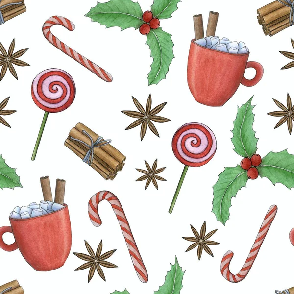 Feliz Natal e feliz ano novo Pattern.watercolor Cup com bebida quente, canela, anis estrela, pirulitos e Holly — Fotografia de Stock