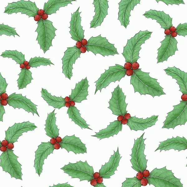 Jul sömlös mönster med Holly.watercolor handgjorda clipart — Stockfoto