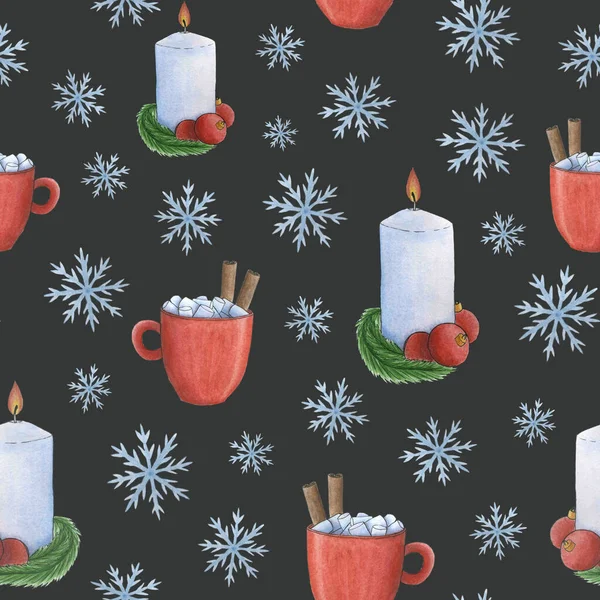 Boże Narodzenie bez szwu wzór, świece z gałązek jodły i kulki świąteczne, filiżanki z gorącym drinkiem.clipart akwarela — Zdjęcie stockowe