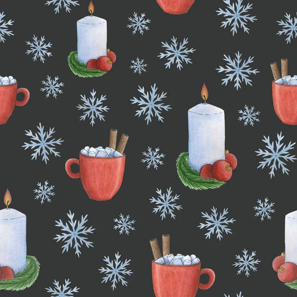 Modello senza cuciture di Natale, candele con rami di abete e palle di Natale, tazze con una clipart drink.watercolor caldo — Foto Stock