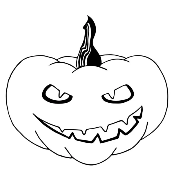 Halloween schwarz-weiß geschnitzter Kürbis, gruseliges Gesicht, lächelnder Jack Laterne handgezeichnete Illustration, Halloween-Symbol — Stockvektor