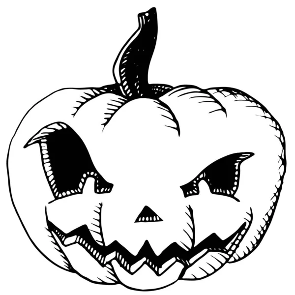 Schraffierendes Halloween-Symbol schwarz-weiß geschnitzter Kürbis, gruseliges Gesicht, lächelnder Jack, handgezeichnete Illustration — Stockvektor
