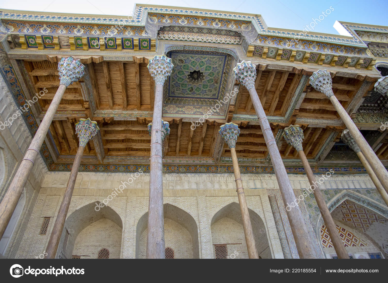 Ornate Ceiling Tiles Pillars Bolo Hauz Mosque Bukhara Uzbekistan