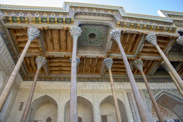 Ornate ceiling tiles and pillars at the Bolo Hauz Mosque in Bukhara, Uzbekistan.