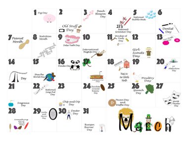 March monthly calendar illustrated and annotated with daily Quirky Holidays and Unusual Celebrations with Sunday start week.