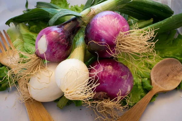 Taze sebze, soğan, kaşık ve ahşap çatalla çevrili sebze arkaplan çeşitleri.