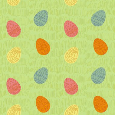 Kusursuz Paskalya deseniniz kutlu olsun. Süslemeli ve yumurta şeklinde harflerle yazılmış küçük renkli yumurtalar. Sarı, pembe, mavi, turuncu. Yeşil bahar çimeni arka planı.