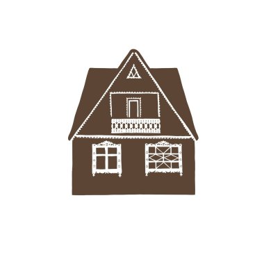 Küçük dekore edilmiş iki katlı kahverengi siluet vektör karikatürü. Rus ahşap mimarisi. Beyaz arkaplanda izole.