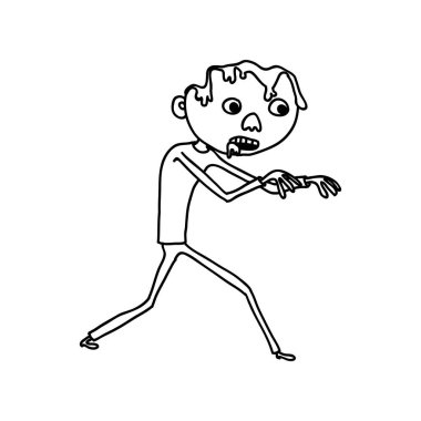 Siyah beyaz çizim, kolları zombi gibi kaldırılmış yürüyen bir karakter. Beyni açıkta. Hastalık, vitamin eksikliği konsepti. Beyaz arkaplanda izole.