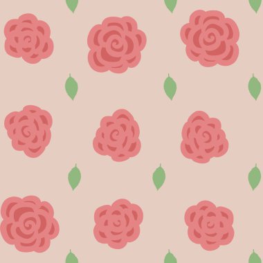 Kırmızı güller ve açık pembe arka planda yeşil yapraklı kusursuz çiçek deseni. Mutfak ya da yatak odası tekstili, ambalaj kağıdı, ambalaj için kullanılabilir.